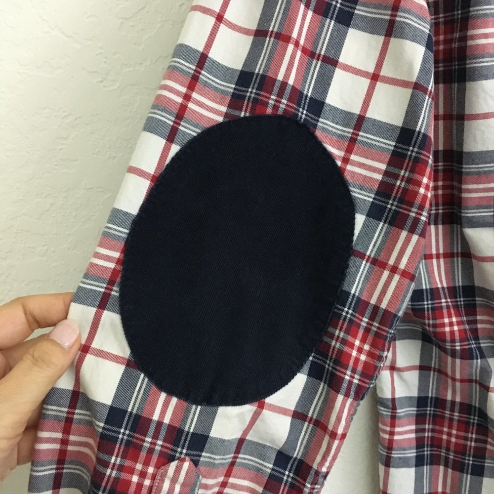 TOMMY HILFIGER Mens S/P Patched Elbow Plaid Button Down Shirt Thick Cotton - Picture 8 of 14